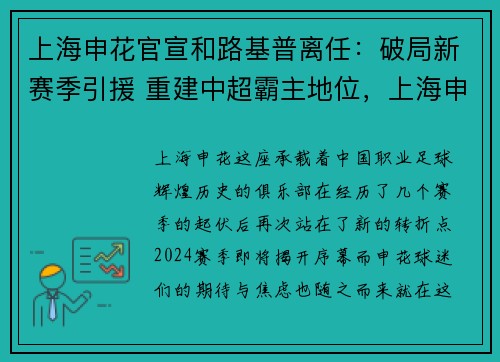 上海申花官宣和路基普离任：破局新赛季引援 重建中超霸主地位，上海申花战绩