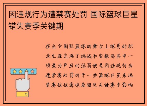 因违规行为遭禁赛处罚 国际篮球巨星错失赛季关键期
