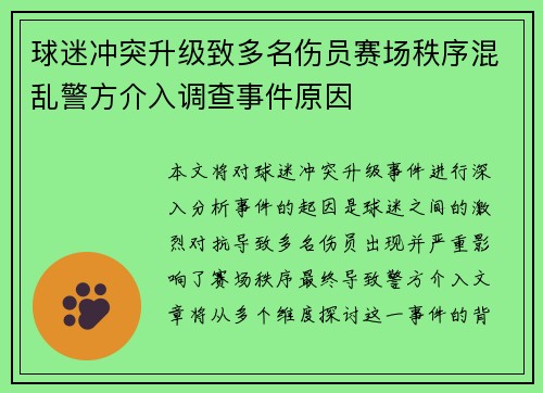 球迷冲突升级致多名伤员赛场秩序混乱警方介入调查事件原因