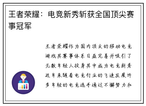 王者荣耀：电竞新秀斩获全国顶尖赛事冠军
